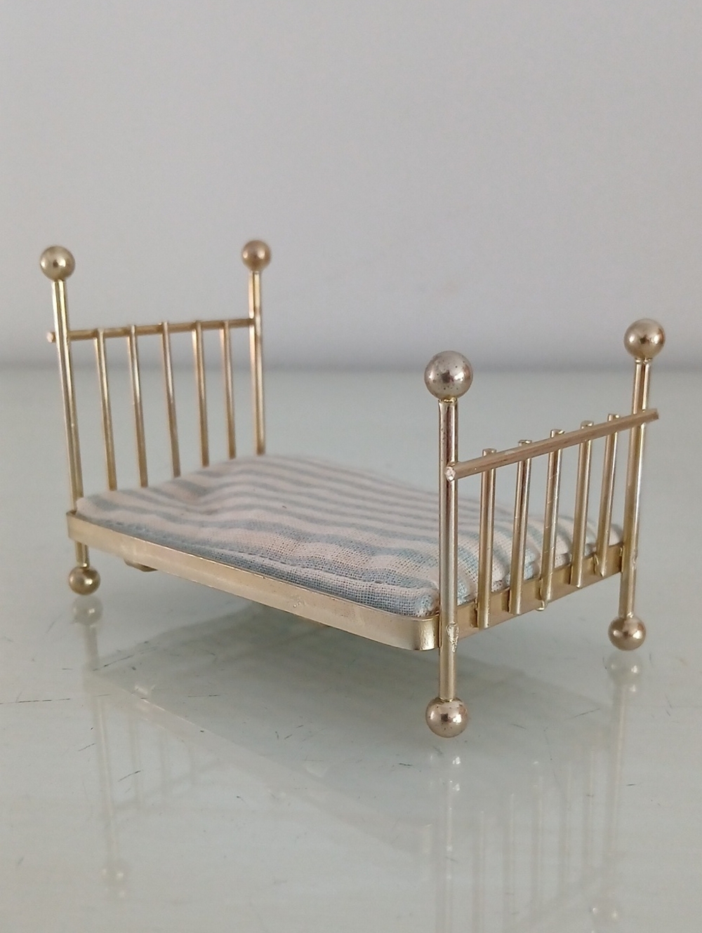 Vintage Dollhouse Miniature Child's Brass Bed Blue Ticking Mattress